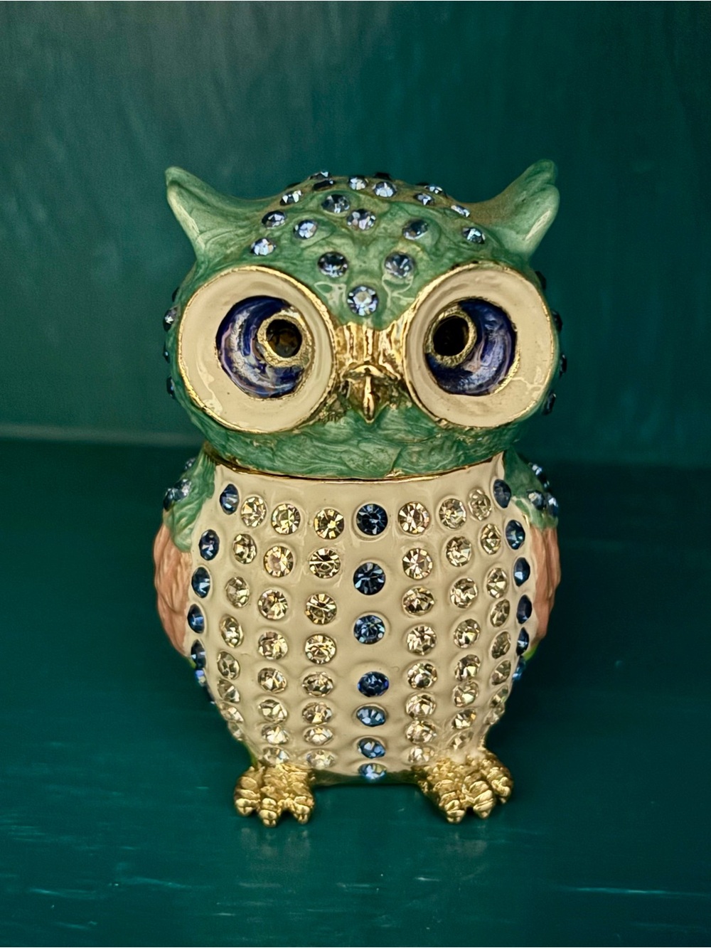 Small Bejeweled Owl Trinket Box - Blue, White, Gold
